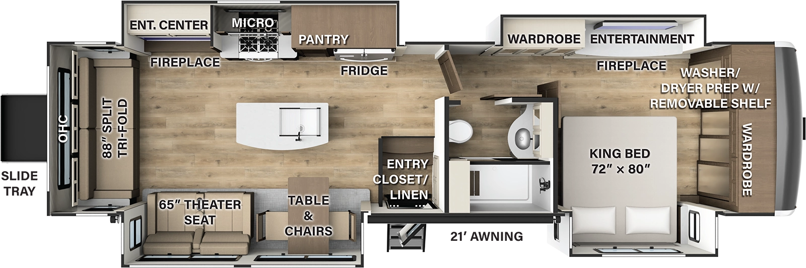 The 399RL has four slideouts and one entry. Exterior features rear slide tray and 21 foot awning. Interior layout front to back: wardrobe with washer/dryer prep with removable shelf, door side king bed slideout, and off-door side slideout with entertainment center, fireplace and wardrobe; door side full bathroom; off-door side slideout with refrigerator, pantry, microwave, cooktop, entertainment center, and fireplace; door side entry, closet, and slideout with table and chairs, and theater seat; kitchen island with sink; rear split tri-fold sofa with overhead cabinet.